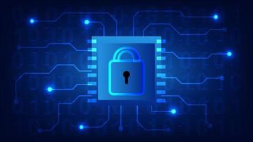 tecnologia de segurança cibernética e conceito de proteção de dados de privacidade. cadeado no chip e placa de circuito em fundo de iluminação azul