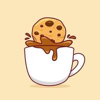 biscoito de chocolate mergulhando em xícara de café quente ou ilustração de bebida de xícara de chocolate quente vetor