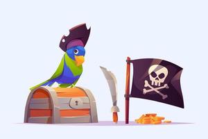papagaio pirata, baú do tesouro, espada, bandeira negra vetor