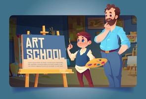 banner de escola de arte com menino desenhando na tela vetor