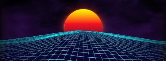 paisagem retrô de fundo dos anos 80. estilo futurista neon dos anos 80. superfície cibernética. fundo de festa. fundo de paisagem de verão de ficção científica de moda retrô dos anos 80. vetor