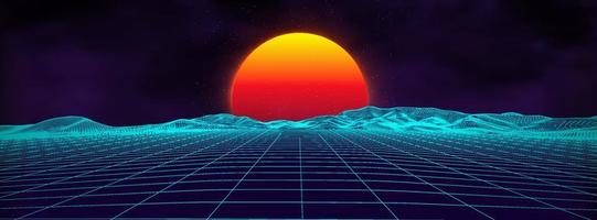paisagem retrô de fundo dos anos 80. estilo futurista neon dos anos 80. superfície cibernética. fundo de festa. fundo de paisagem de verão de ficção científica de moda retrô dos anos 80. vetor