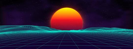 paisagem retrô de fundo dos anos 80. estilo futurista neon dos anos 80. superfície cibernética. fundo de festa. fundo de paisagem de verão de ficção científica de moda retrô dos anos 80. vetor