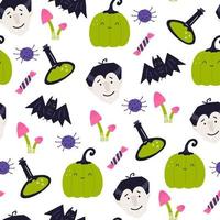 bonito padrão sem emenda de halloween com vampiro, abóbora engraçada, morcego e doces - ilustração vetorial de desenho animado. fundo infantil colorido para celebração de halloween, ótimo para papel de embrulho. vetor