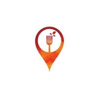 design de logotipo de conceito de forma de pino de mapa de comida saudável. ícone de logotipo de garfo e folha. vetor