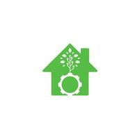 design de logotipo de vetor de conceito de forma de casa de folha de engrenagem. energia eco verde, tecnologia e indústria.