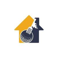 modelo de design de logotipo de conceito de forma de casa de golfe e garfo. vetor de design de logotipo de restaurante de golfe