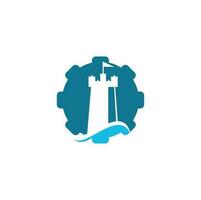 castelo onda engrenagem forma conceito logotipo ilustração ícone do vetor. logotipo simples do castelo e das ondas do mar vetor