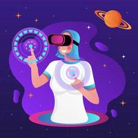 tecnologia de realidade virtual digital metaverse. mulher usa fones de ouvido vr online se conectam ao espaço virtual. ilustração vetorial. vetor