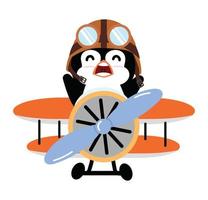 desenho animado de avião voador de pinguim piloto vetor