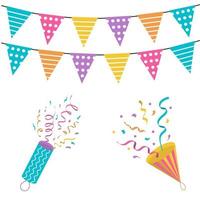 conjunto de elementos de design de festa. balões coloridos, bandeiras, confetes, cupcakes, presentes, velas, laços e fitas decorativas. vetor