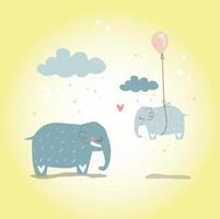 elefantes fofos, nuvens e balão vetor