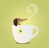 um pequeno dachshund marrom está sentado em uma xícara de chá com um saquinho de chá nos dentes. vetor