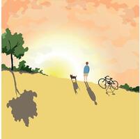 um cara com um cachorro e uma bicicleta assistindo o pôr do sol vetor