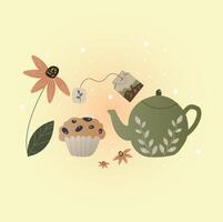 chaleira e cupcake, saquinho de chá, flor vetor