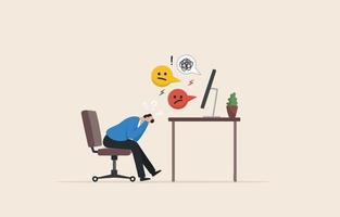 emoções negativas no local de trabalho. sentimentos dos funcionários. proteja-se emocionalmente no trabalho. ansiedade nas redes sociais. tóxico no trabalho. empresário segurando sua cabeça sentado sozinho na cadeira. vetor