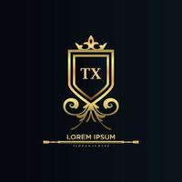 tx inicial com royal template.elegant com vetor de logotipo da coroa, ilustração em vetor logotipo de letras criativas.