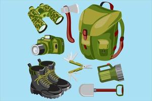 equipamento militar, há bolsas, binóculos, sapatos, pás, lanternas, machados. para equipamento do exército, no campo de batalha vetor