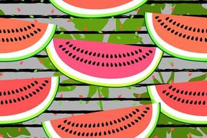 padrão sem emenda de vetor com fatias de melancia. fundo repetível colorido desenhado à mão. frutas de verão com sementes, folhas e fundo de listras.