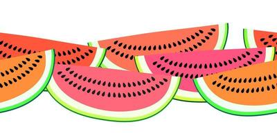 padrão de borda sem costura de vetor com fatias de melancia. fundo horizontal repetível desenhado à mão colorido. frutas de verão com pano de fundo de sementes.