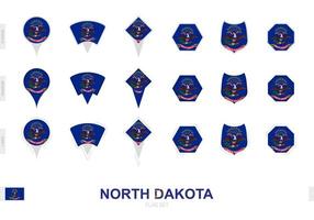 coleção da bandeira da Dakota do Norte em diferentes formas e com três efeitos diferentes. vetor