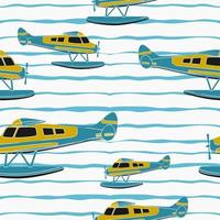 avião flutuante de pontão de vista lateral editável voando sobre uma ilustração vetorial de lago ondulado como padrão perfeito para criar plano de fundo de design relacionado a transporte ou recreação vetor