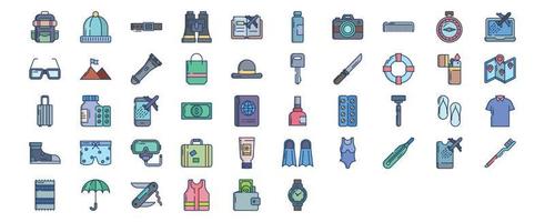coleção de ícones relacionados a acessórios de viagem, incluindo ícones como mochila, gorro, livro, câmera e muito mais. ilustrações vetoriais, conjunto perfeito de pixels vetor