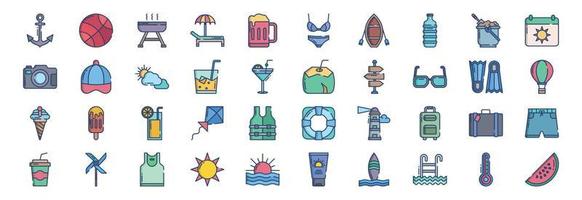 coleção de ícones relacionados ao verão e feriado, incluindo ícones como âncora, bola, churrasco, cadeira de praia e muito mais. ilustrações vetoriais, conjunto perfeito de pixels vetor