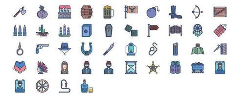 coleção de ícones relacionados ao oeste selvagem e cowboy, incluindo ícones como arma, forca, ferradura, faca e muito mais. ilustrações vetoriais, conjunto perfeito de pixels vetor