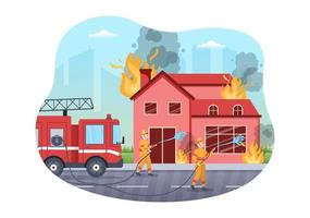 corpo de bombeiros com bombeiros extinguindo casa, floresta e ajudando pessoas em várias situações em ilustração de desenho animado desenhada à mão plana