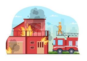 corpo de bombeiros com bombeiros extinguindo casa, floresta e ajudando pessoas em várias situações em ilustração de desenho animado desenhada à mão plana