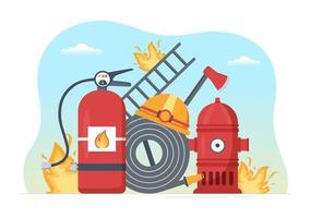 corpo de bombeiros com bombeiros extinguindo casa, floresta e ajudando pessoas em várias situações em ilustração de desenho animado desenhada à mão plana vetor