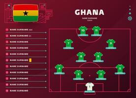 gana line-up mundial de futebol 2022 torneio ilustração vetorial de fase final. tabela de escalação da equipe do país e formação da equipe no campo de futebol. bandeiras de país de vetor de torneio de futebol