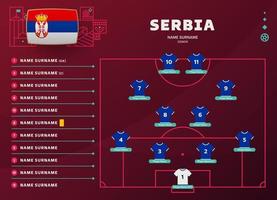 Sérvia line-up mundial de futebol 2022 torneio ilustração vetorial de fase final. tabela de escalação da equipe do país e formação da equipe no campo de futebol. bandeiras de país de vetor de torneio de futebol