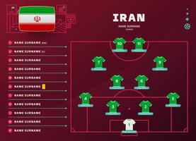 Irão line-up mundial de futebol 2022 torneio ilustração vetorial de fase final. tabela de escalação da equipe do país e formação da equipe no campo de futebol. bandeiras de país de vetor de torneio de futebol