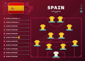 Espanha line-up mundial de futebol 2022 torneio ilustração vetorial de fase final. tabela de escalação da equipe do país e formação da equipe no campo de futebol. bandeiras de país de vetor de torneio de futebol