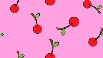 cereja em um fundo rosa, baga vermelha, ilustração vetorial, padrão. deliciosa cereja suculenta com um galho verde. papel de parede para cozinha, decoração de restaurante. decoração para catering, café vetor