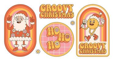 adesivos de natal hippie groovy. papai noel, sorriso, arco-íris no estilo cartoon retrô na moda. vetor