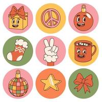 adesivos de natal hippie groovy. paz, cacau, estrela, bola, presente no estilo moderno dos desenhos animados retrô. vetor