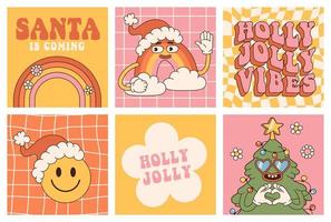 adesivos de natal hippie groovy. árvore de natal, sorriso, arco-íris no estilo cartoon retrô na moda. vetor