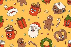 feliz natal e feliz ano novo sem costura padrão. papai noel, presentes, cacau, café, pão de gengibre. vetor