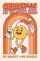 groovy hippie natal e feliz ano novo. arco-íris, personagem de sorriso no estilo cartoon retrô na moda.