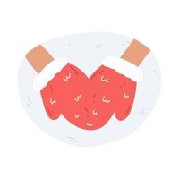 casal de mãos dadas em uma luva de malha para dois em estilo simples de desenho animado. ilustração vetorial desenhada à mão, conceito de amor, passar tempo juntos ao ar livre no inverno vetor