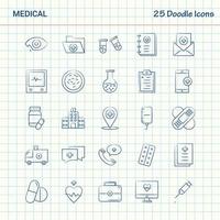 conjunto de ícones de negócios desenhados à mão com 25 ícones de doodle médicos vetor