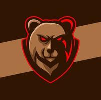 mascote de logotipo de cabeça de urso bravo com rótulo de escudo para poderoso e-sport e design esportivo vetor