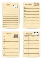 Conjunto de planejador de notas doodle de urso fofo vetor