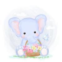 bebê elefante adorável segurando uma cesta de flores vetor