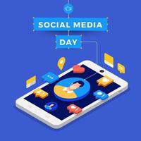 pôster do dia de mídia social com ícones no smartphone vetor