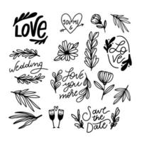 casamento doodle ornamentos florais vetor
