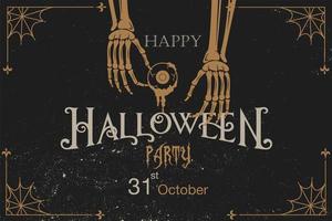 convite grunge vintage de halloween com mãos de esqueleto vetor